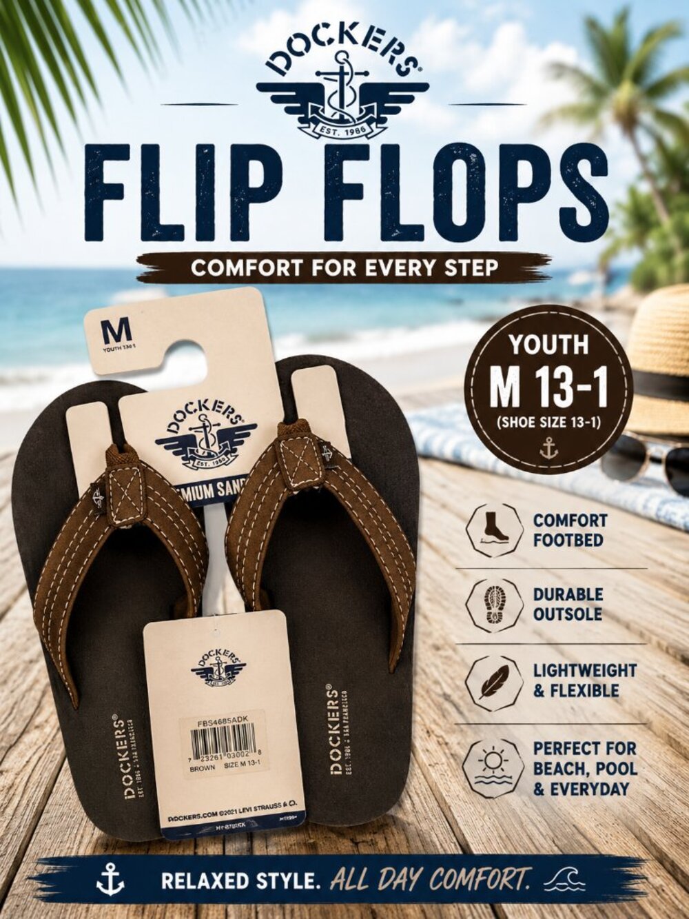 Dockers Premium Flip Flops Minimalist Solid Brown Youth M 13-1 Sandals